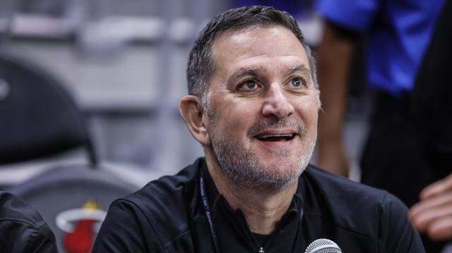 Michael Baiamonte, voice of the Miami Heat, and second-longest serving NBA In-Arena Announcer is set to retire after 35 Years with the team. Baiamonte is seen at courtside during the NBA basketball game between the against the Miami Heat and the New York Knicks at Kaseya Center in Miami on October 26, 2025.